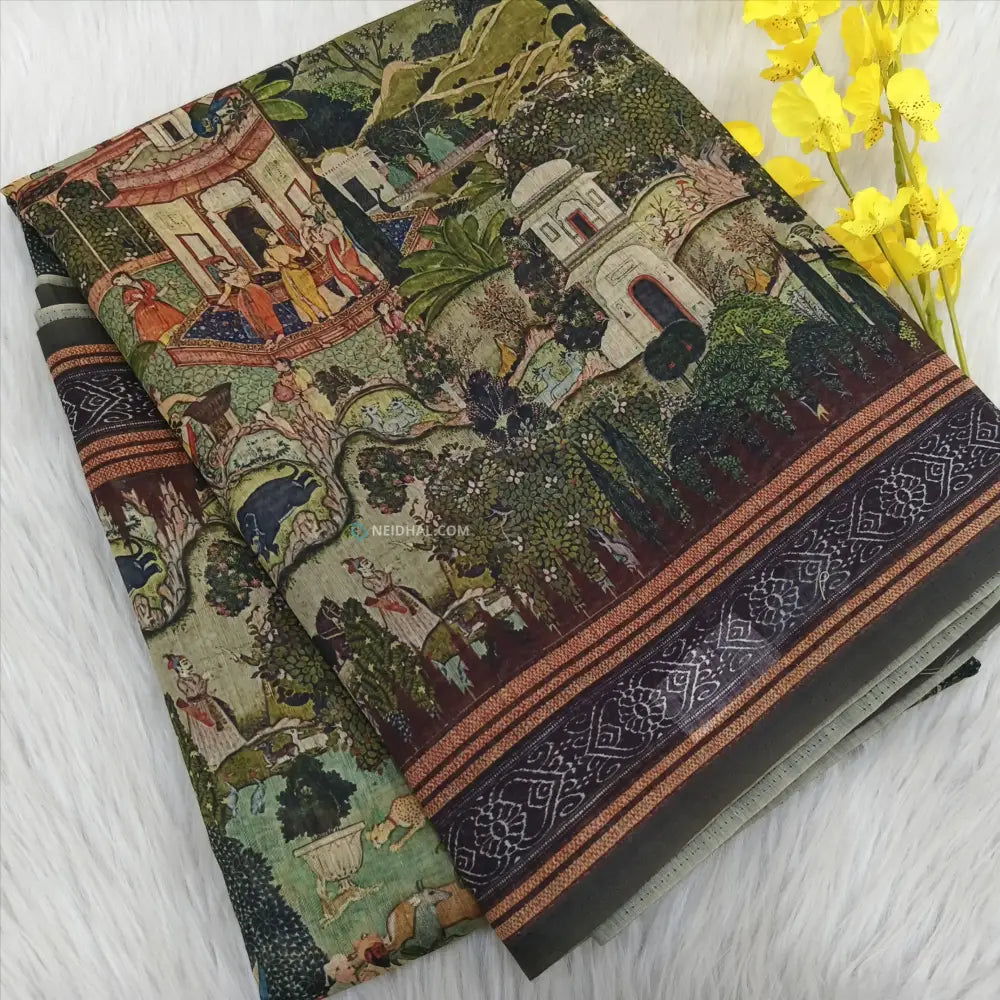 CODE NS19: Green shade digital printed silk cotton saree(thin& light weight)striped pattern pallu zigzag printed blouse