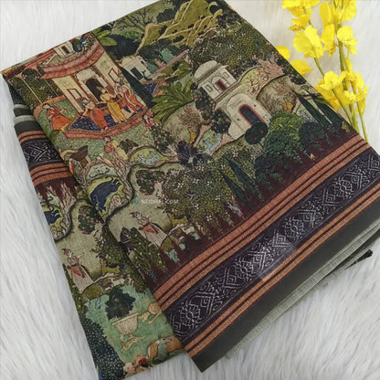 CODE NS19: Green shade digital printed silk cotton saree(thin& light weight)striped pattern pallu zigzag printed blouse