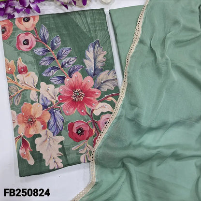 CODE FB250824: Light green floral printed satin cotton unstitched salwar material bead& sequins work on front(lining