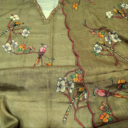 CODE FB250804: Light olive green with golden tint tissue linen unstitched salwar material v neck hand embroidered