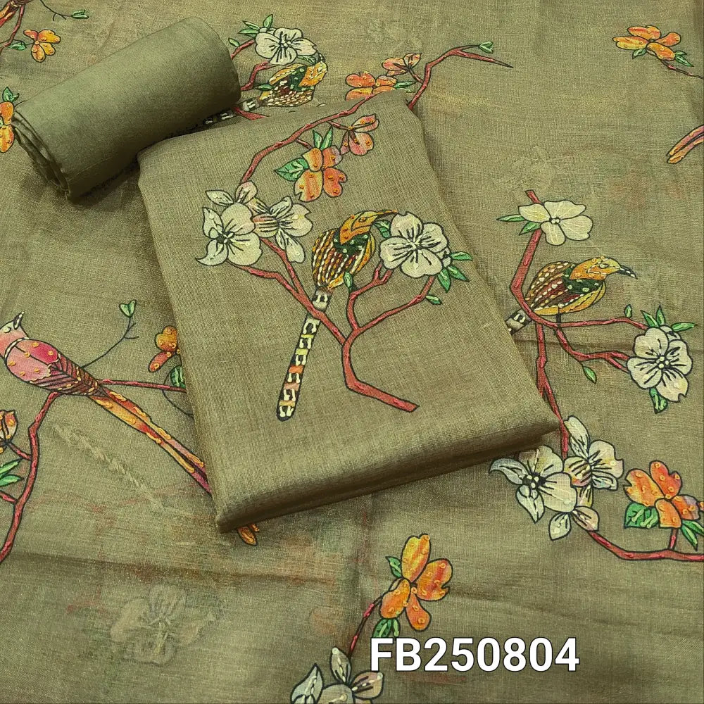 CODE FB250804: Light olive green with golden tint tissue linen unstitched salwar material v neck hand embroidered