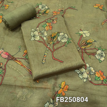 CODE FB250804: Light olive green with golden tint tissue linen unstitched salwar material v neck hand embroidered