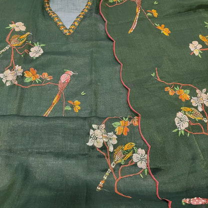 CODE FB250805: Dark green with golden tint tissue linen unstitched salwar material v neck hand embroidered on yoke&