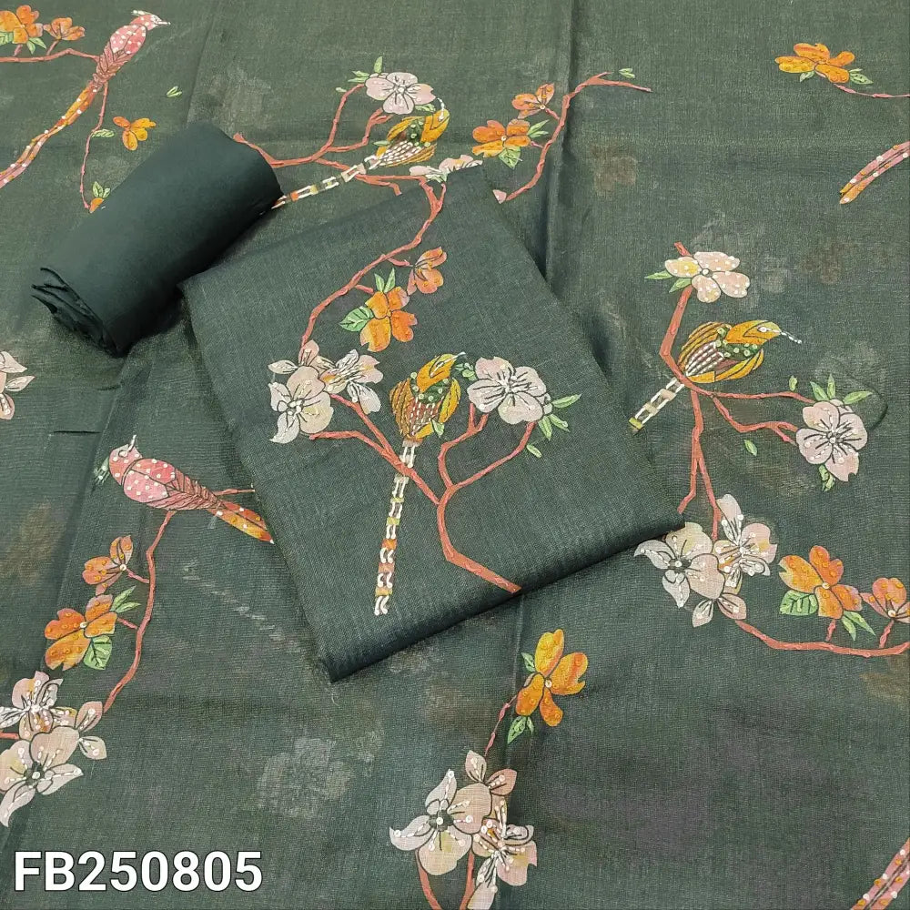 CODE FB250805: Dark green with golden tint tissue linen unstitched salwar material v neck hand embroidered on yoke&