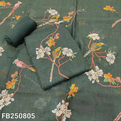 CODE FB250805: Dark green with golden tint tissue linen unstitched salwar material v neck hand embroidered on yoke&