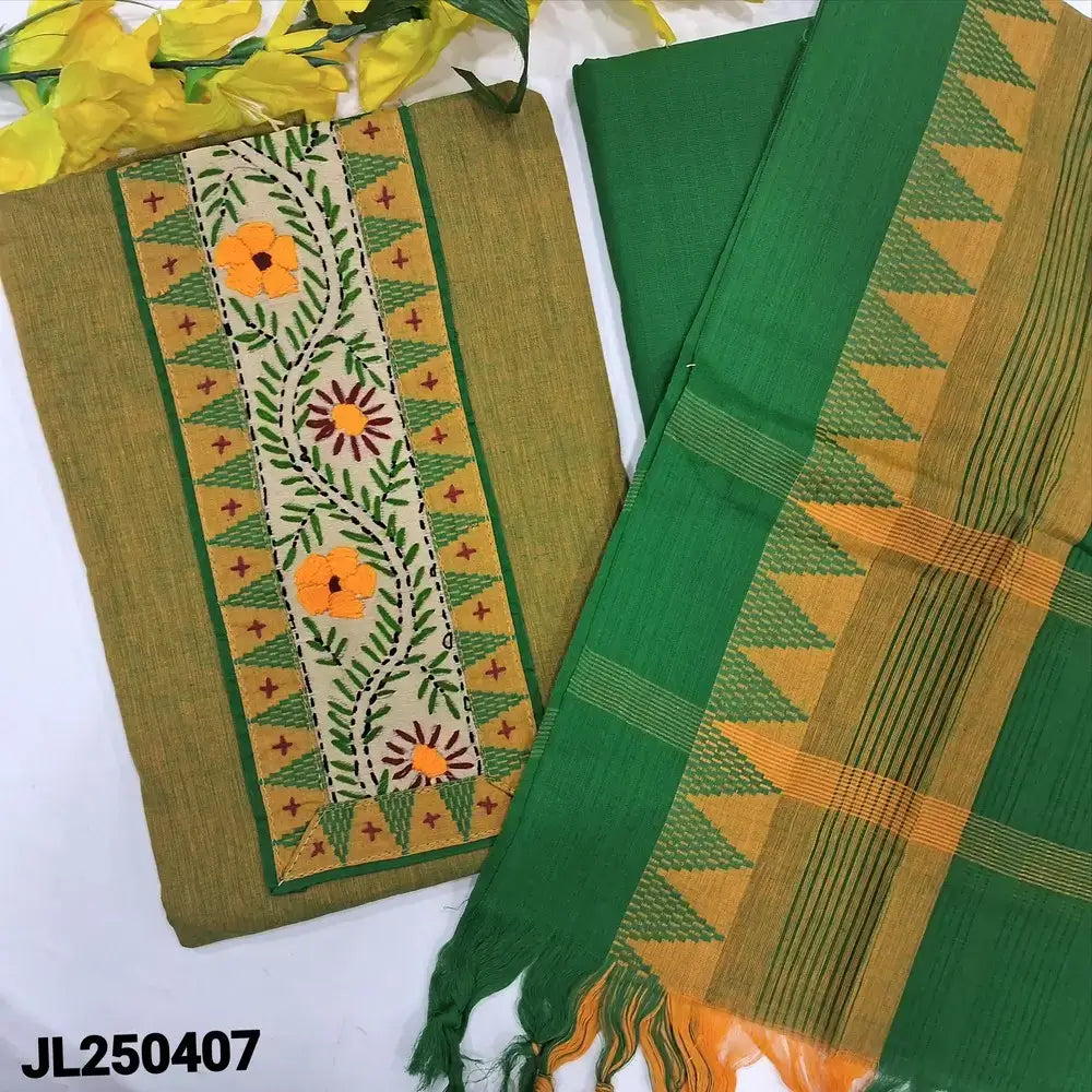 Green handloom cotton salwar material jl250407-Neidhal