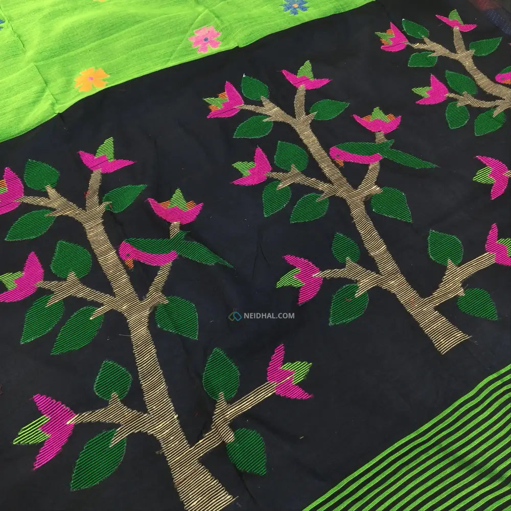 CODE NS11: Green jamdani hand woven soft silk cotton saree(thin& light weight)black hand woven rich pallu with tassels