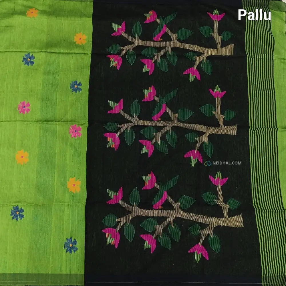 CODE NS11: Green jamdani hand woven soft silk cotton saree(thin& light weight)black hand woven rich pallu with tassels