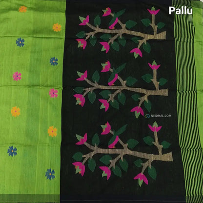 CODE NS11: Green jamdani hand woven soft silk cotton saree(thin& light weight)black hand woven rich pallu with tassels