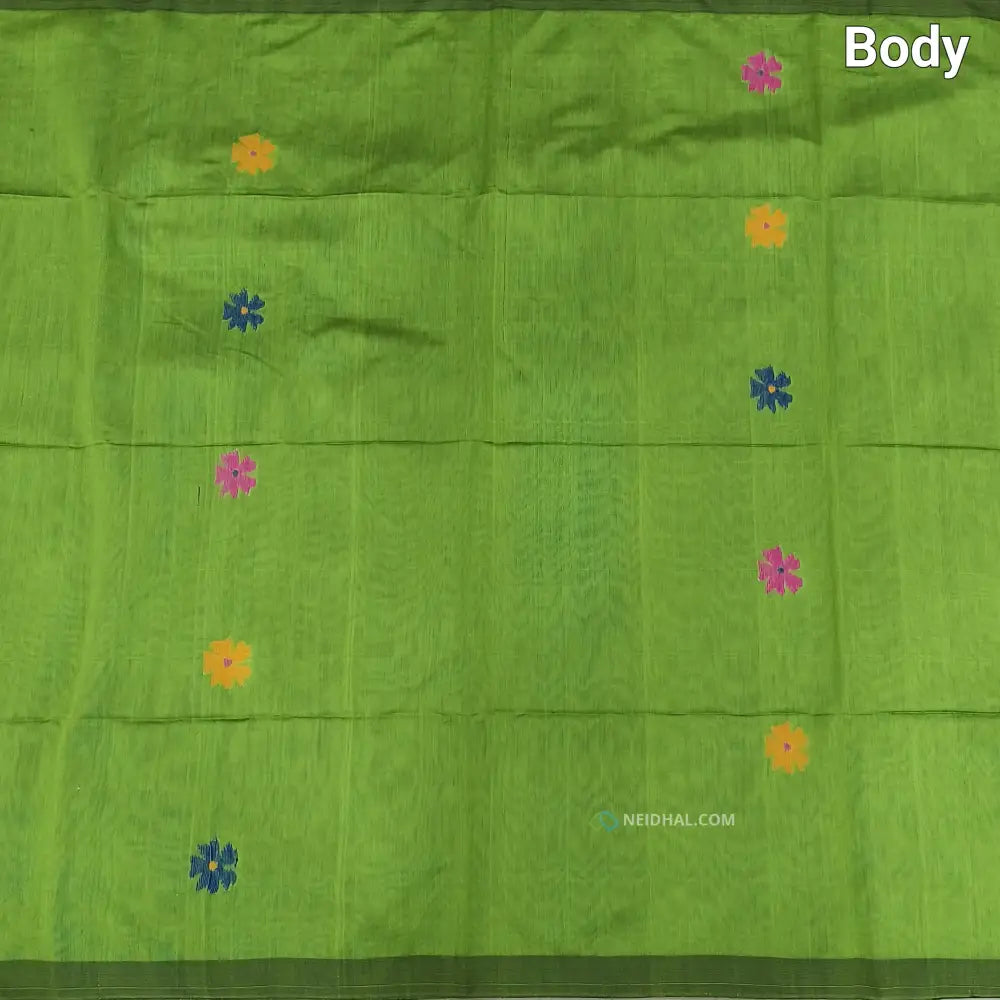 CODE NS11: Green jamdani hand woven soft silk cotton saree(thin& light weight)black hand woven rich pallu with tassels