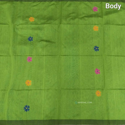 CODE NS11: Green jamdani hand woven soft silk cotton saree(thin& light weight)black hand woven rich pallu with tassels