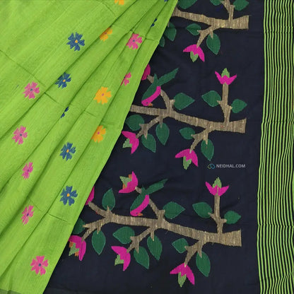 CODE NS11: Green jamdani hand woven soft silk cotton saree(thin& light weight)black hand woven rich pallu with tassels