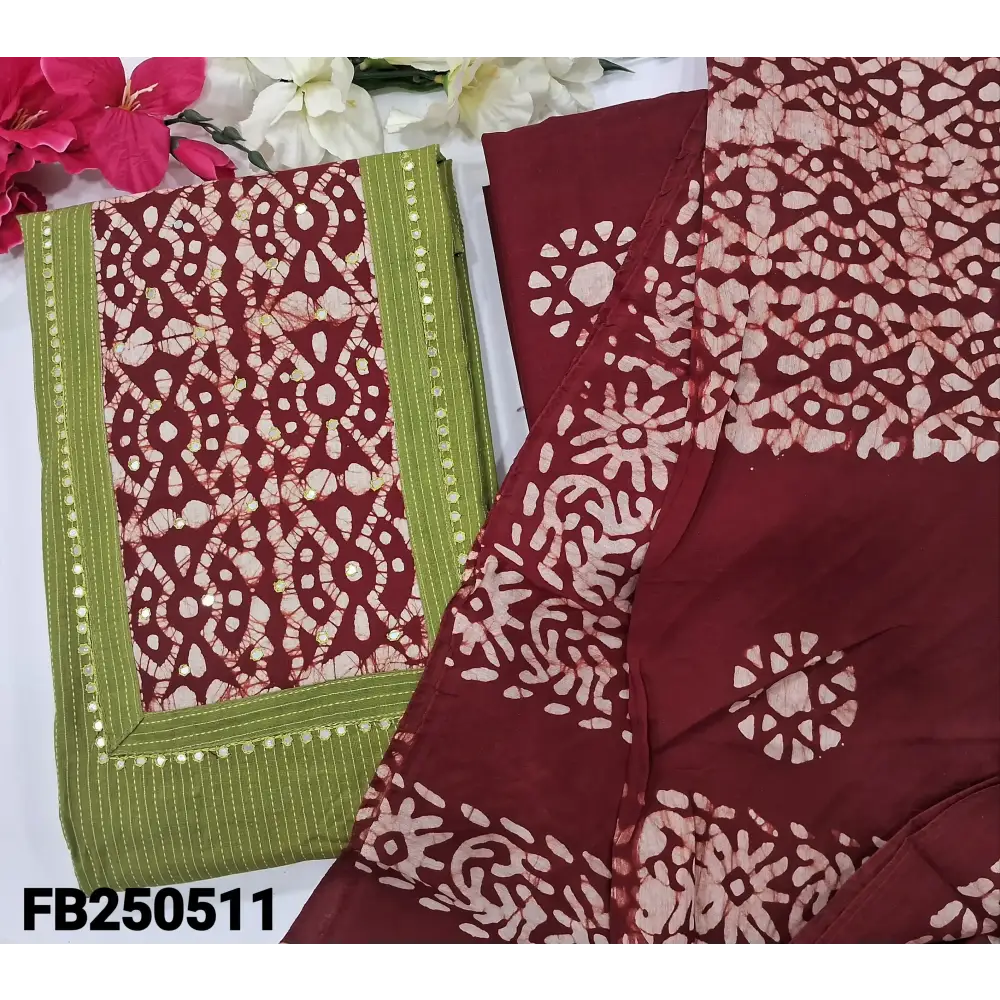 CODE FB250511: Light green kantha cotton unstitched salwar material batik dyed yoke with faux mirror work (lining