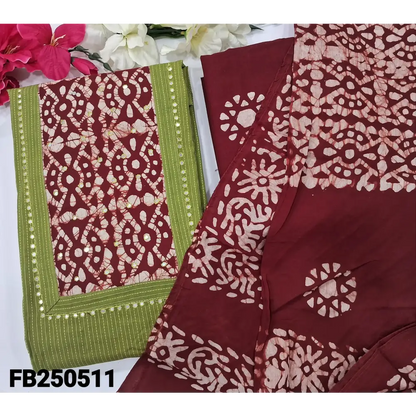 CODE FB250511: Light green kantha cotton unstitched salwar material batik dyed yoke with faux mirror work (lining