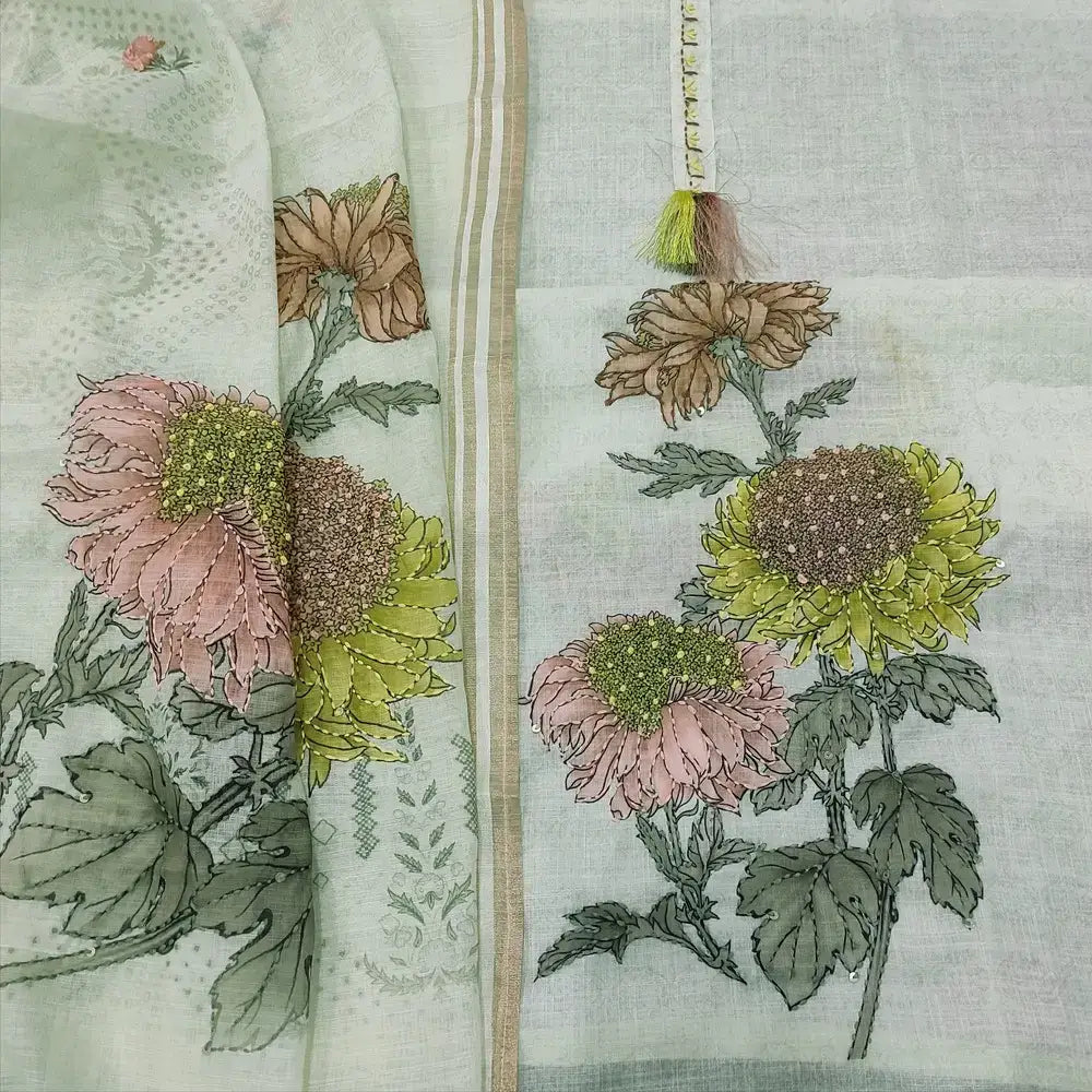 Green printed embroidered linen salwar material ap251709-Neidhal