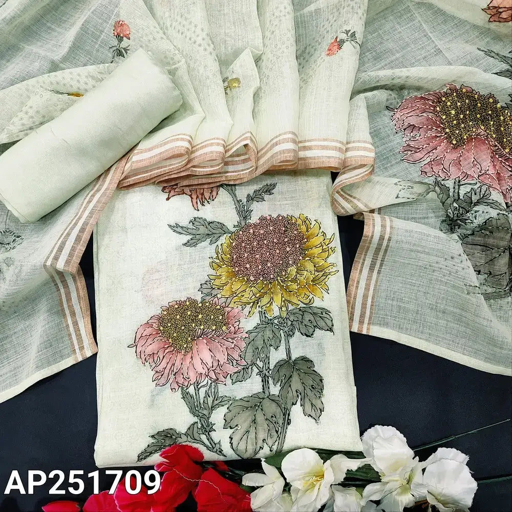 Green printed embroidered linen salwar material ap251709-Neidhal