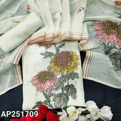 Green printed embroidered linen salwar material ap251709-Neidhal