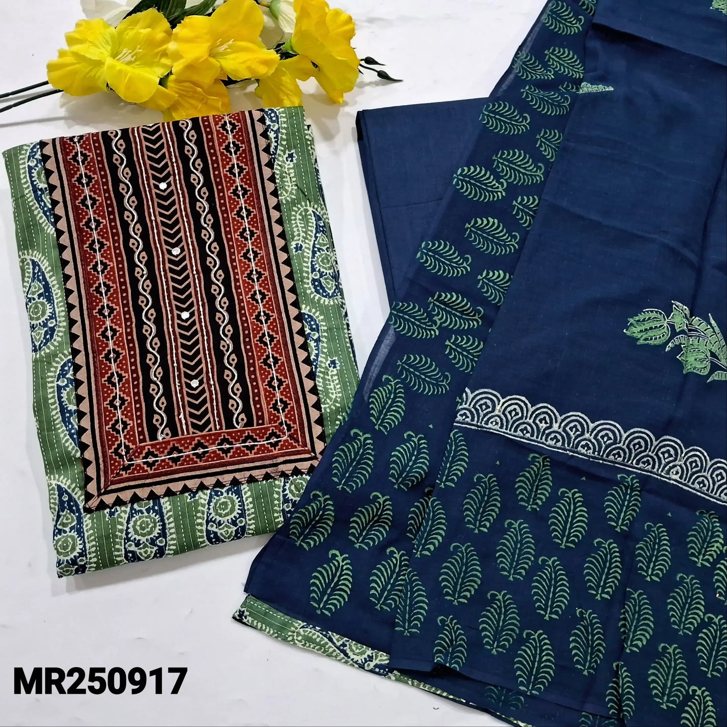 Green printed kantha cotton salwar material mr250917-Neidhal
