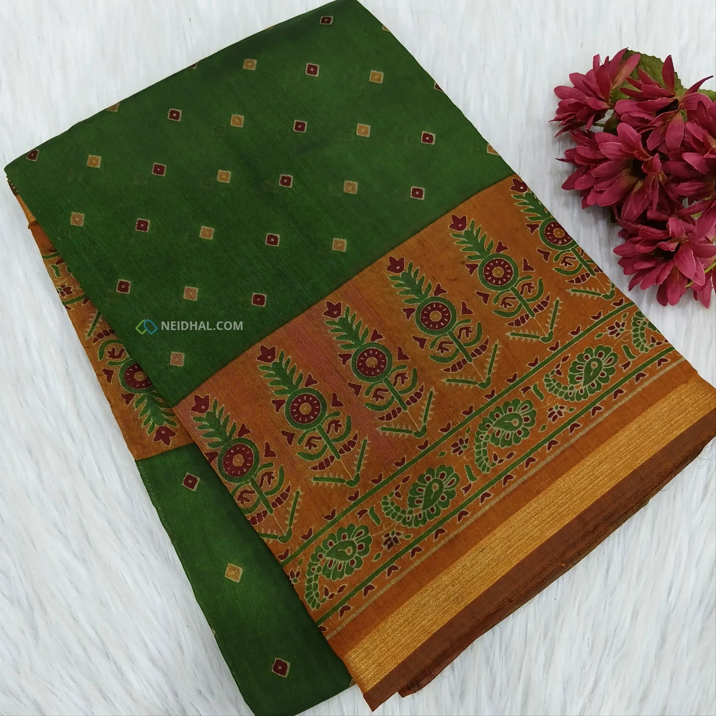 Green printed semi chanderi silk cotton saree ns66-Neidhal