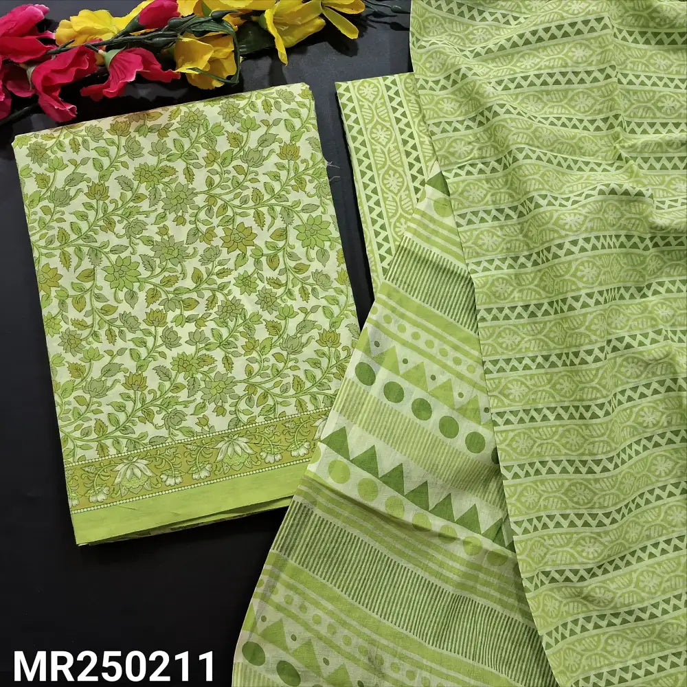 CODE MR250211: Light green printed soft cotton unstitched salwar material (thin fabric lining needed) vertical printed