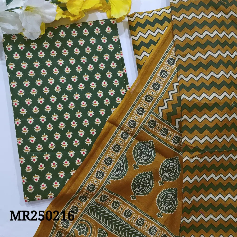 CODE MR250216: Dark green printed soft cotton unstitched salwar material(lining optional)mehandhi yellow zigzag printed
