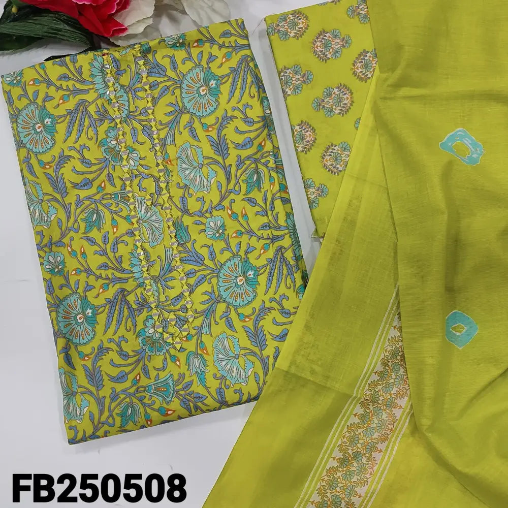 CODE FB250508: Bright green printed soft cotton unstitched salwar material real mirror work on yoke(lining