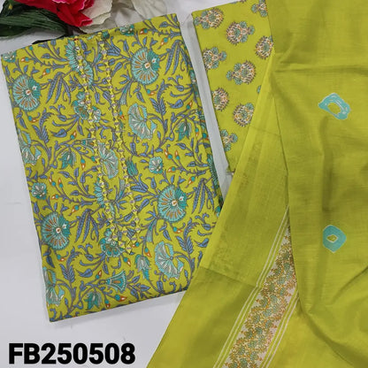 CODE FB250508: Bright green printed soft cotton unstitched salwar material real mirror work on yoke(lining