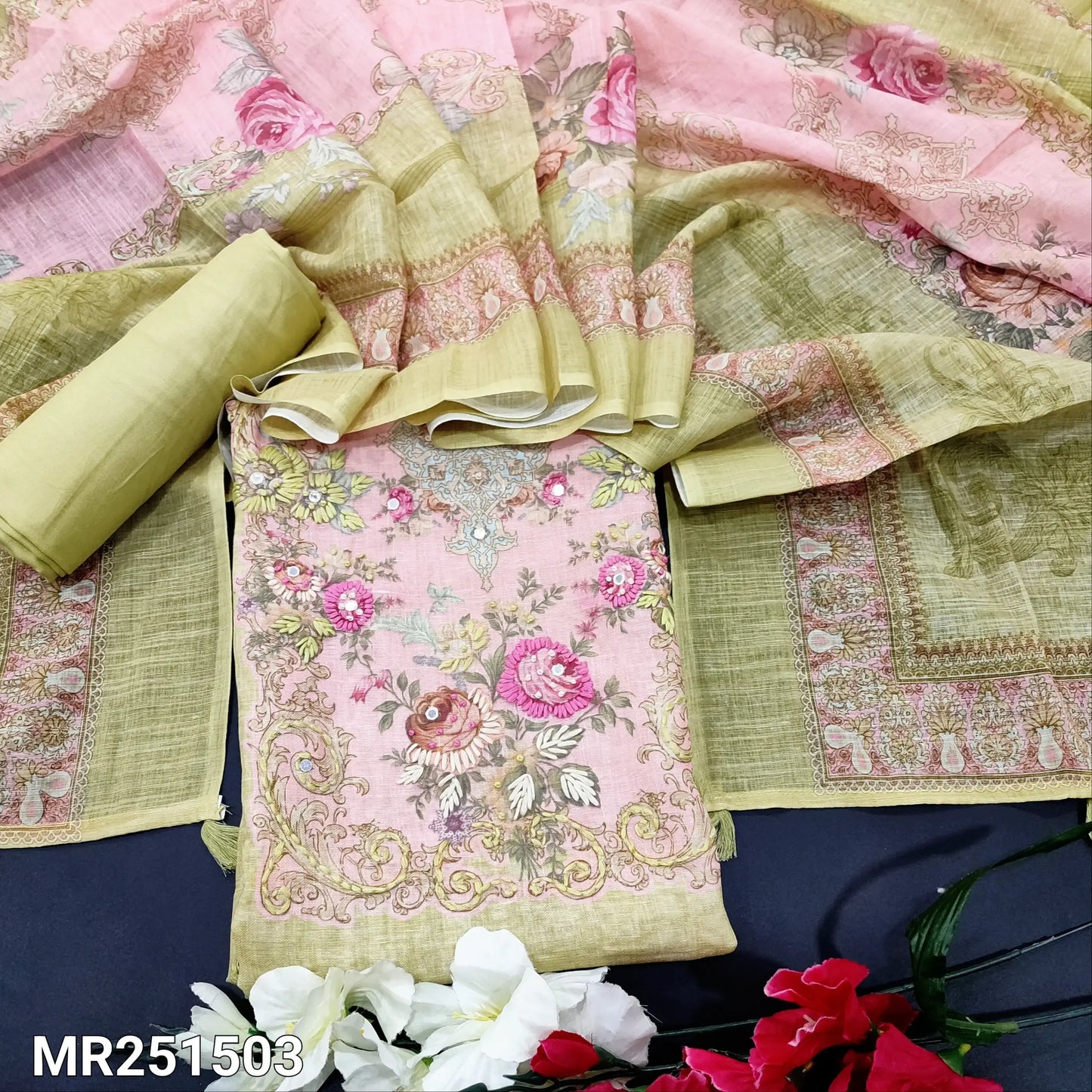 Green semi linen salwar material mr251503-Neidhal