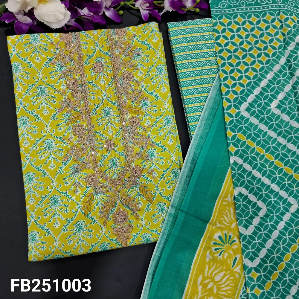 CODE FB251003: Bright green premium soft cotton unstitched salwar material zari& sequins work on yoke(lining