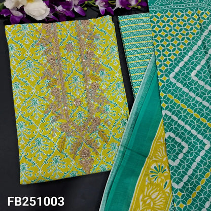 CODE FB251003: Bright green premium soft cotton unstitched salwar material zari& sequins work on yoke(lining