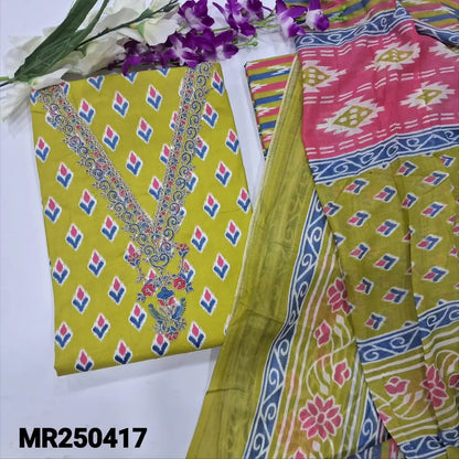CODE MR250417: Light green soft cotton unstitched salwar material v neck with thread &zari work(lining needed)printed