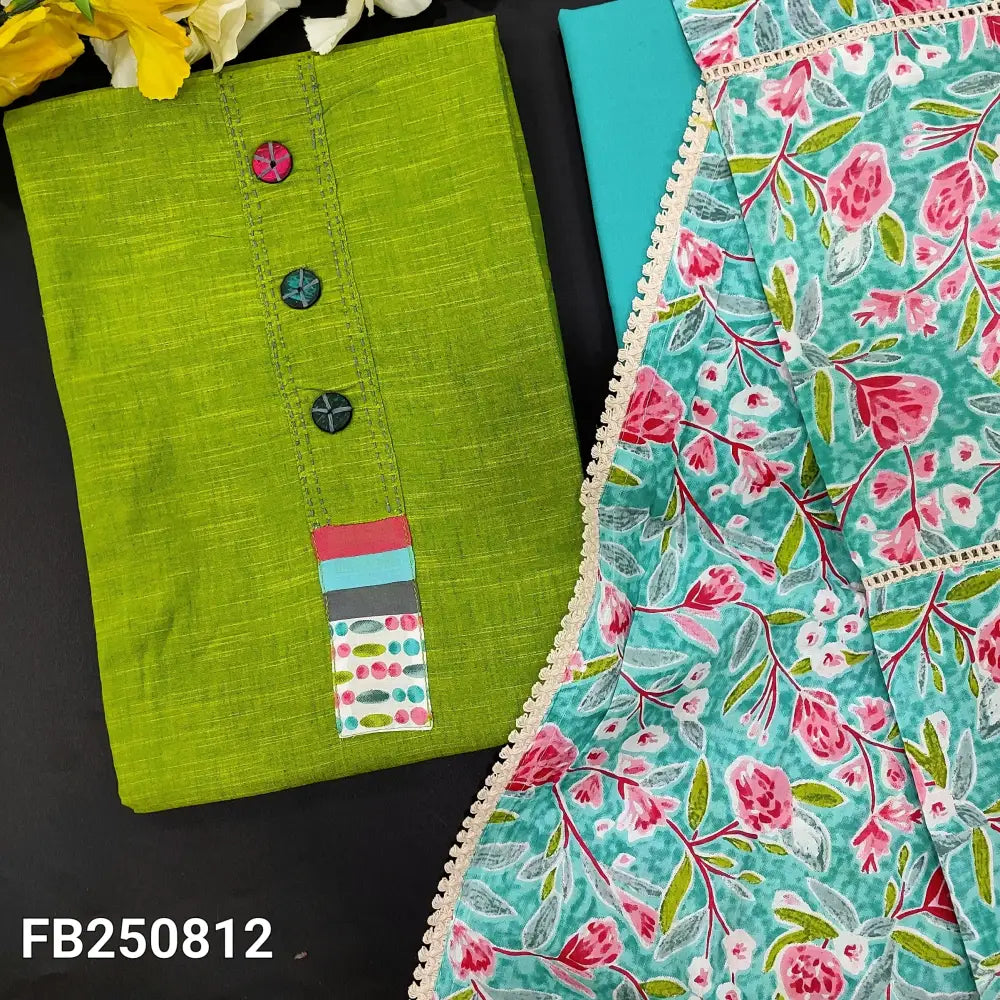 CODE FB250812: Bright green south handloom cotton unstitched salwar material fancy buttons on yoke(lining optional)blue