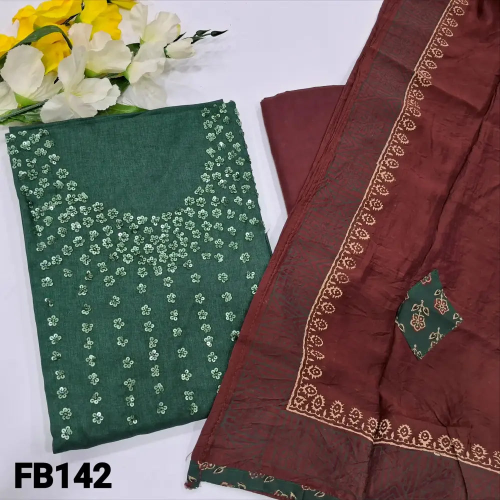 CODE FB142: Dark green textured silk cotton unstitched salwar material sequins work on yoke(lining needed)maroon silk