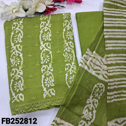 CODE FB252812: Green original wax batik dyed pure cotton unstitched salwar material embroidered on front lace work