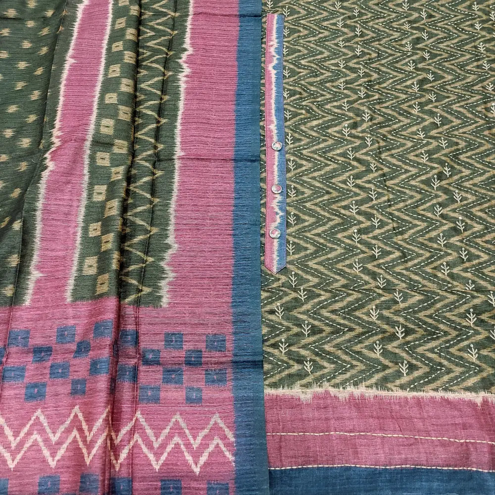 CODE FB252602: Olive green base designer zigzag printed premium jute silk unstitched salwar material hand embroidered