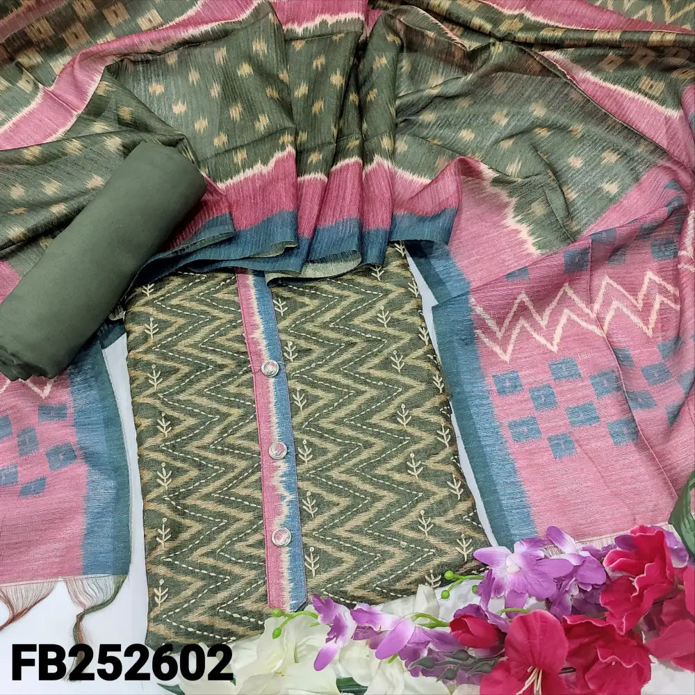 CODE FB252602: Olive green base designer zigzag printed premium jute silk unstitched salwar material hand embroidered