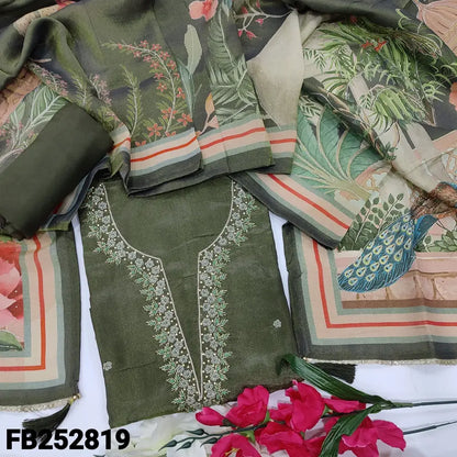 CODE FB252819: Greenish grey with golden tint pure organza silk unstitched salwar material rich bead& zardozi work