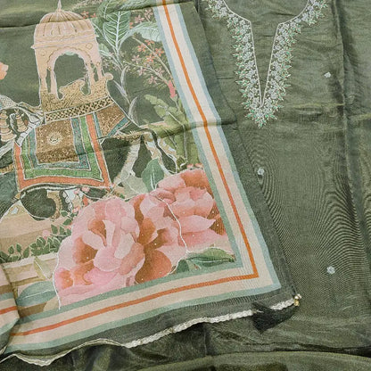 Greenish grey with golden tint pure organza silk unstitched salwar material