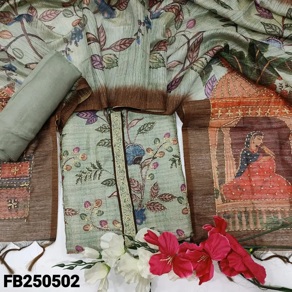 CODE FB250502: Greenish grey printed premium jute silk unstitched salwar material hand embroidered on yoke &front(thin