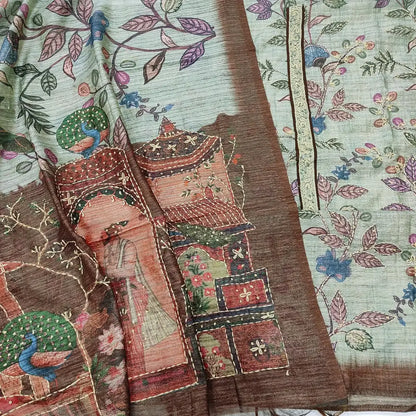 CODE FB250502: Greenish grey printed premium jute silk unstitched salwar material hand embroidered on yoke &front(thin