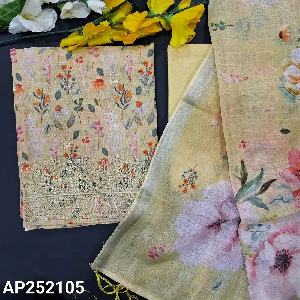 Greenish Yellow Linen Salwar Material with Dupatta AP252105 – Neidhal