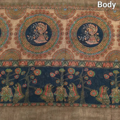 Grey beige slub silk cotton saree ns120-Neidhal