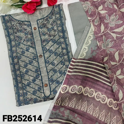 CODE FB252614: Grey designer digital printed silk cotton unstitched salwar material heavy hand embroidered