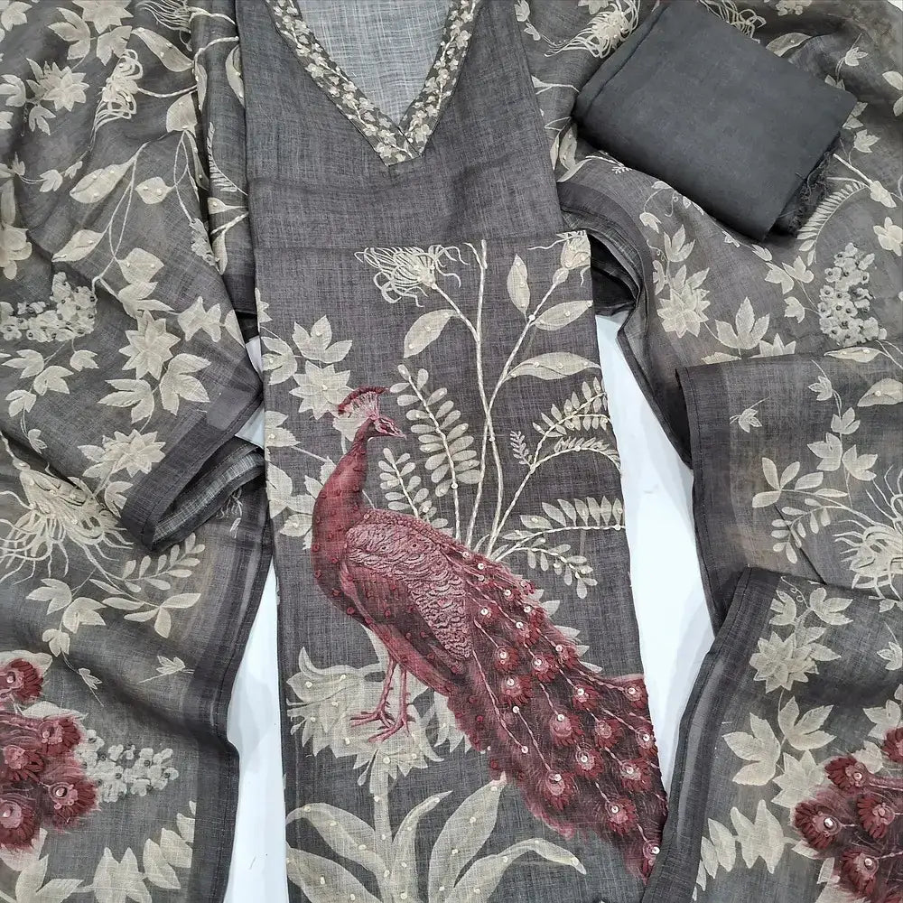 Grey digital printed linen salwar material jn252207-Neidhal