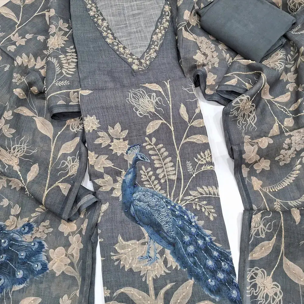 Grey digital printed linen unstitched salwar material jn252208-Neidhal