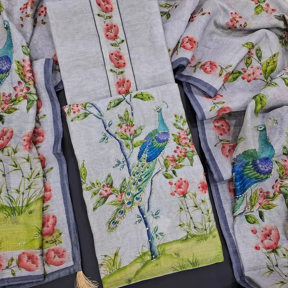 Grey digital printed silk cotton salwar material ag252103 Neidhal