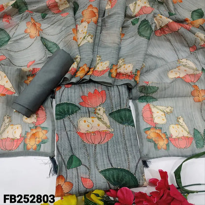 CODE FB252803: Grey digital printed silk cotton unstitched salwar material hand embroidered on front(thin fabric lining