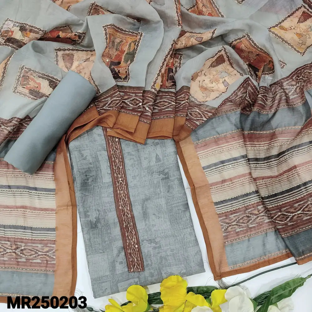CODE MR250203: Grey digital printed silk cotton unstitched salwar material kantha stitch work on yoke(thin fabric