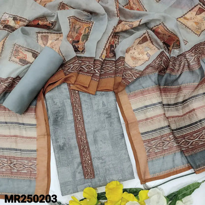 CODE MR250203: Grey digital printed silk cotton unstitched salwar material kantha stitch work on yoke(thin fabric