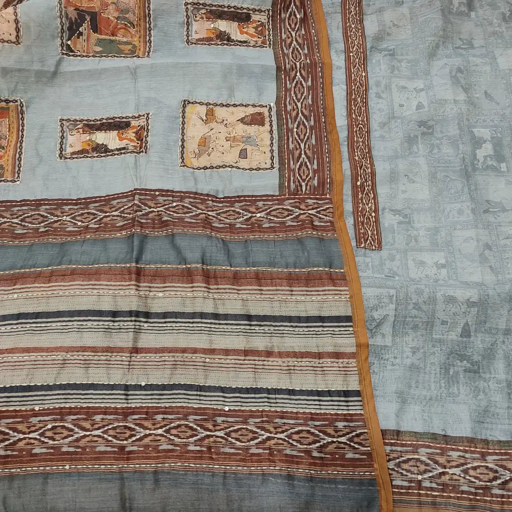 CODE MR250203: Grey digital printed silk cotton unstitched salwar material kantha stitch work on yoke(thin fabric